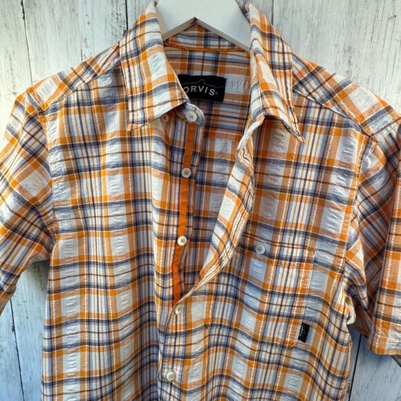 ORVIS Short Sleeve Button Down Shirt Mens Size M Orange White Linen Blend Plaid - Picture 4 of 9
